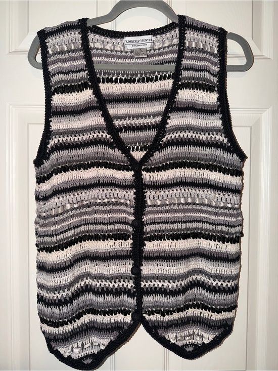 Kimberly Hunter Jackets & Blazers - Kimberly Hunter Vintage Crochet Striped Vest With Ribbons— Black, Gray & Cream